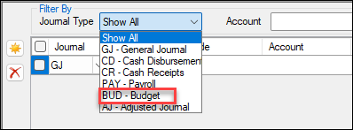 Budget journal drop selection